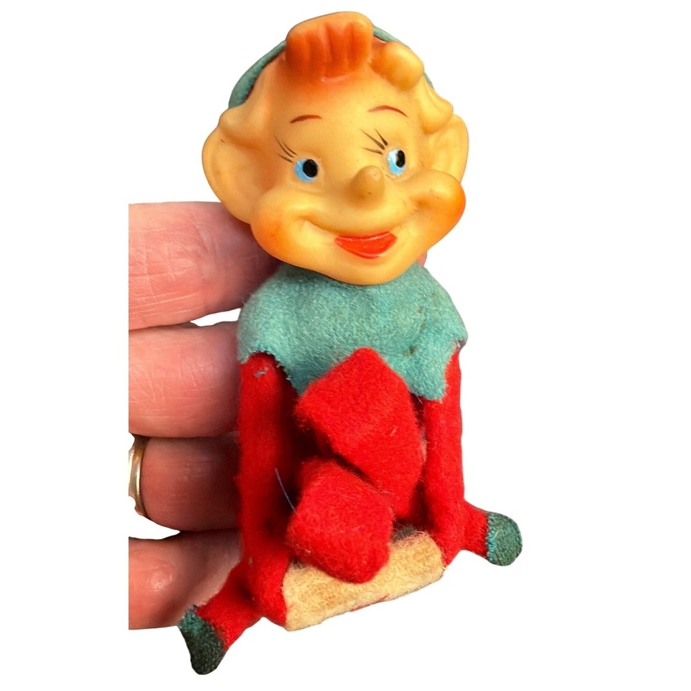 VTG 60's Red Green Pixie Knee Hugger Elf Shelf Sitter Doll Christmas Ornament